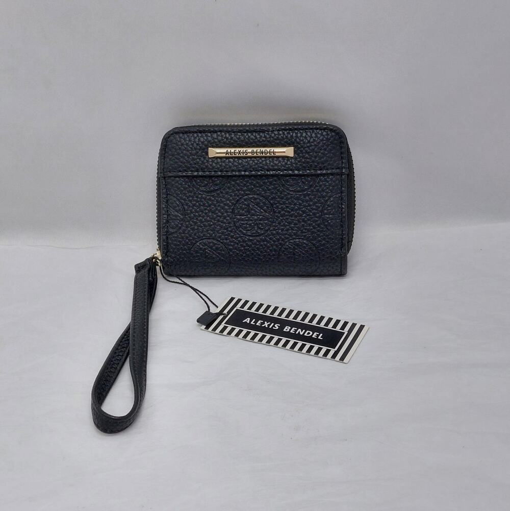 Alexis Bendel Womens Wristlet Wallet Black Pebbled Zip Around Coin Card Holder